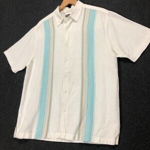Centro Striped Linen‎ Blend Button Up Short Sleeve Casual Shirt, L